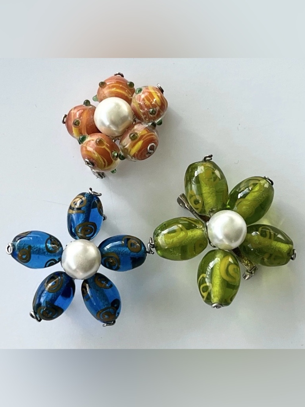 Floral Glass Bead Brooch Set - Green, Blue, and Orange